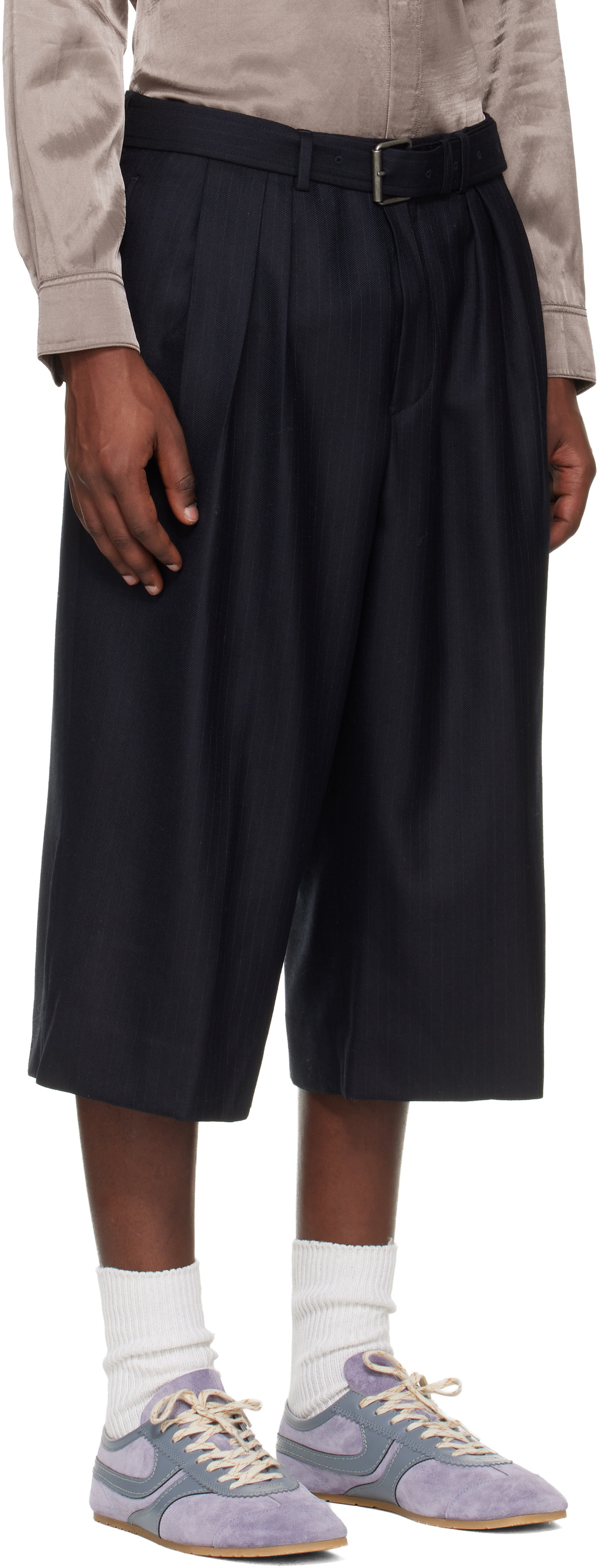 Dries Van Noten Navy Belted Light Wool Shorts