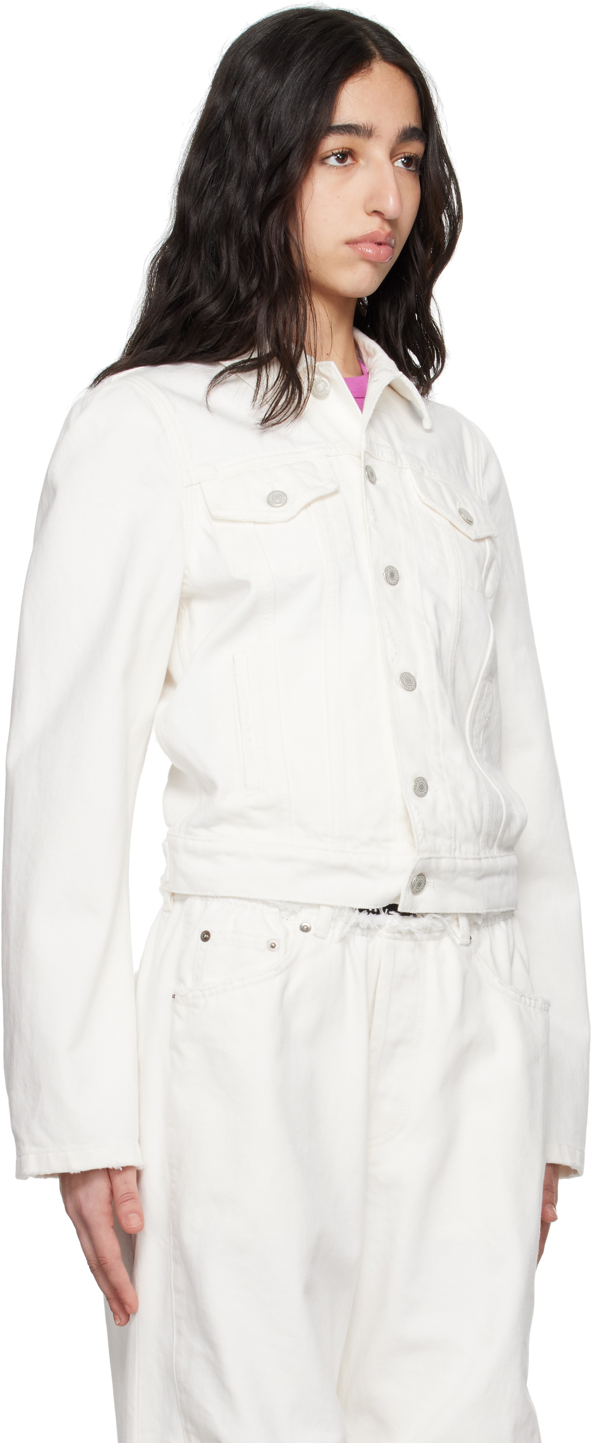 ALAINPAUL White Molded Shoulder Denim Jacket