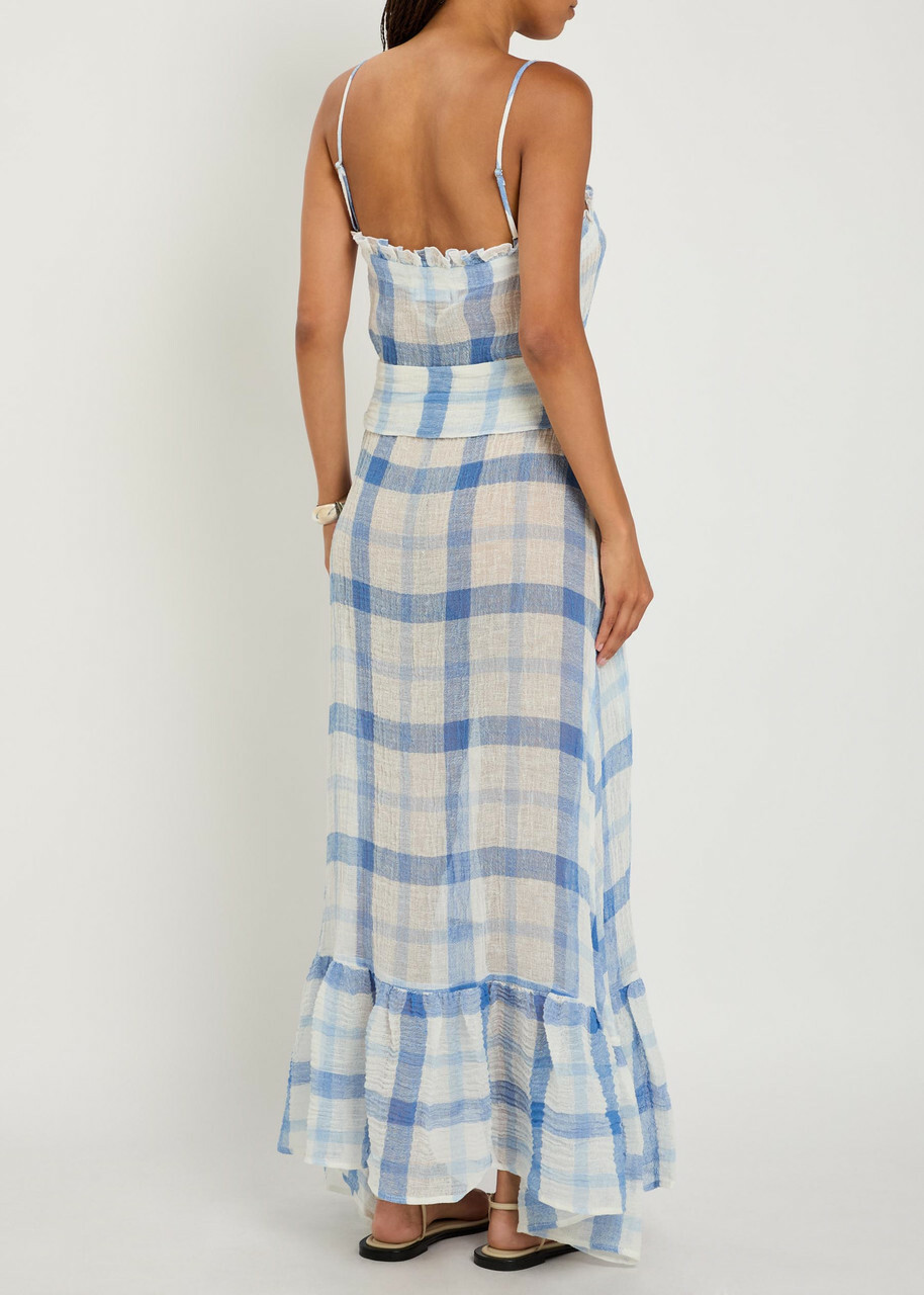 Lisa Marie Fernandez Checked Ruffled Linen-blend Maxi Dress Blue And White