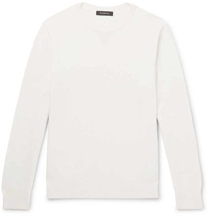 Photo: Ermenegildo Zegna - Suede-Trimmed Waffle-Knit Cashmere and Cotton-Blend Sweatshirt - White