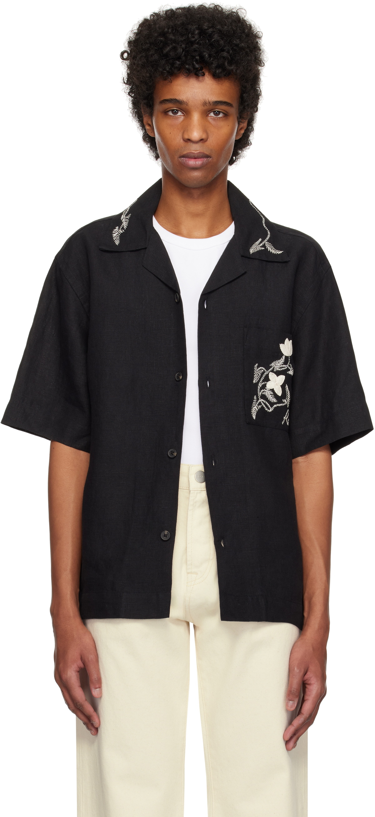 Róhe Black Hand Embroidered Short Sleeve Shirt