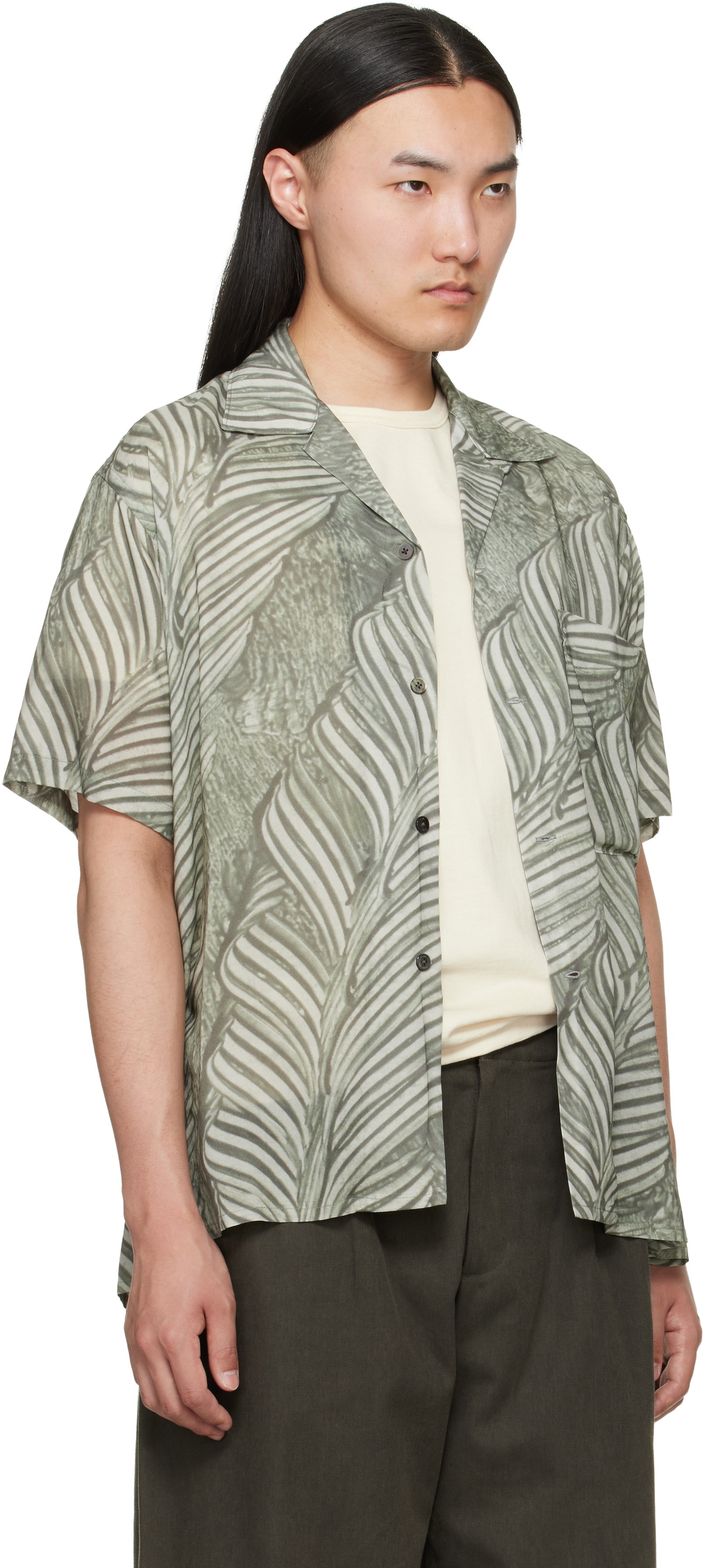 YOKE Green Leaf Pattern Printed Rayon Open Collar Shirt