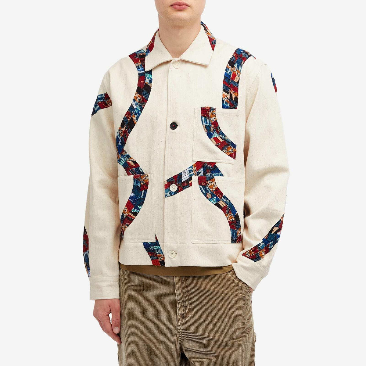 Kardo Men's Bodhi Patchwork Fabric Denim Jacket in Natural