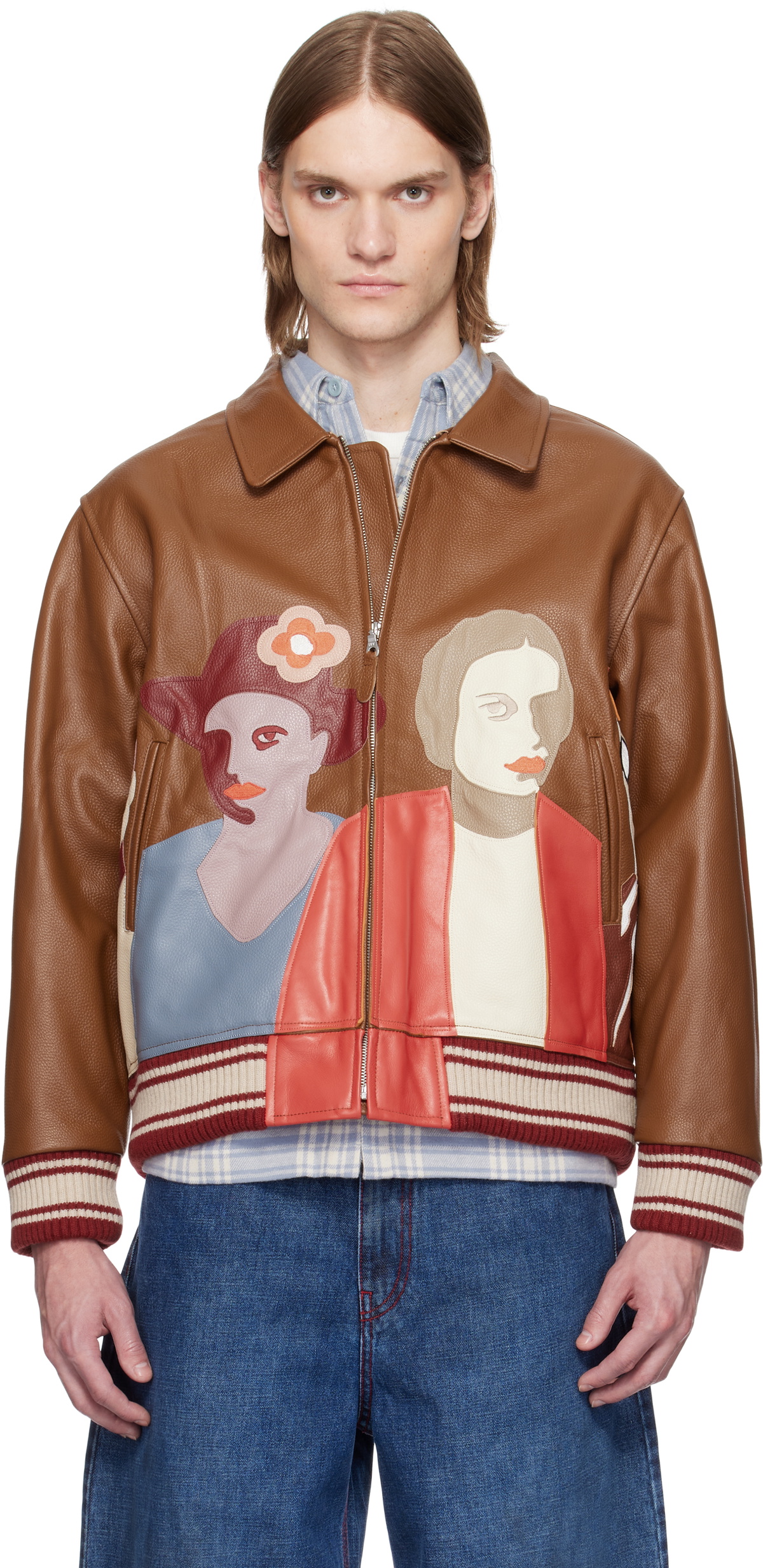 KidSuper Brown Patchwork Portraits Leather Varsity Jacket