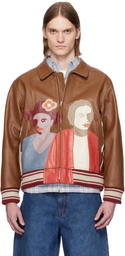 KidSuper Brown Patchwork Portraits Leather Varsity Jacket
