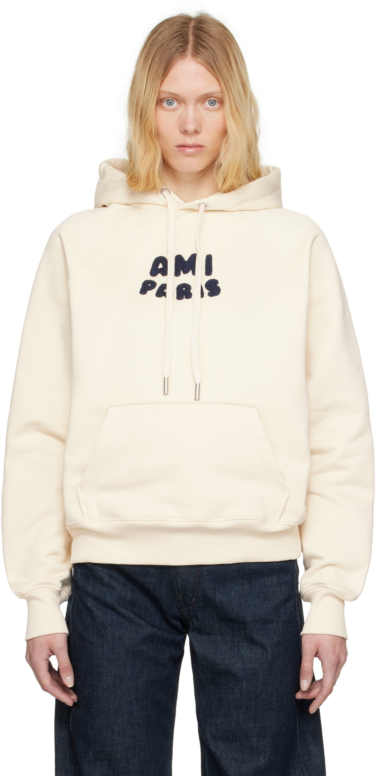 AMI PARIS♦Paris Logo Patch Cotton Fleece Hoodie Off-White Cotton 'Ami Paris' Patch Hoodie by AMI Paris on Sale