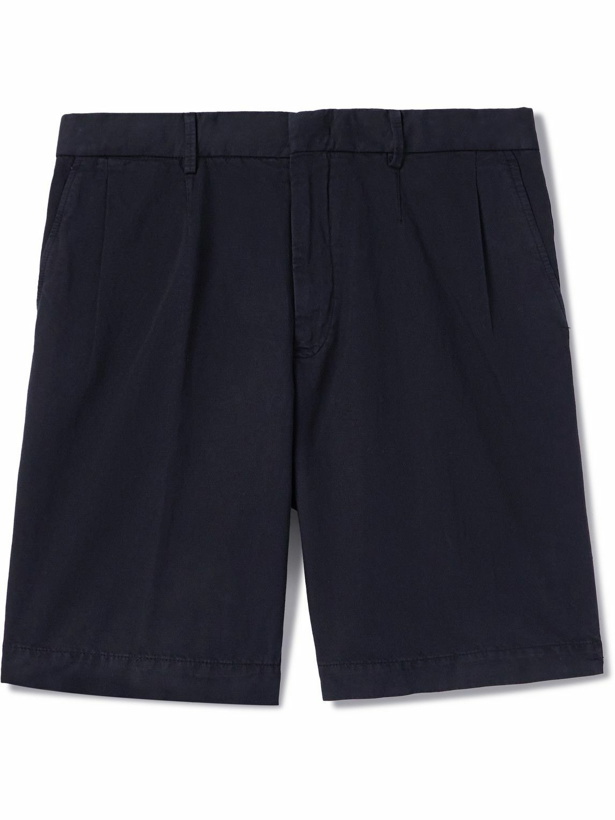 Photo: Zegna - Straight-Leg Pleated Cotton and Linen-Blend Twill Shorts - Blue