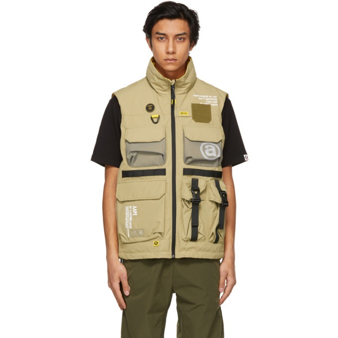 Photo: AAPE by A Bathing Ape Reversible Beige and Yellow Canvas Multi-Pocket Vest