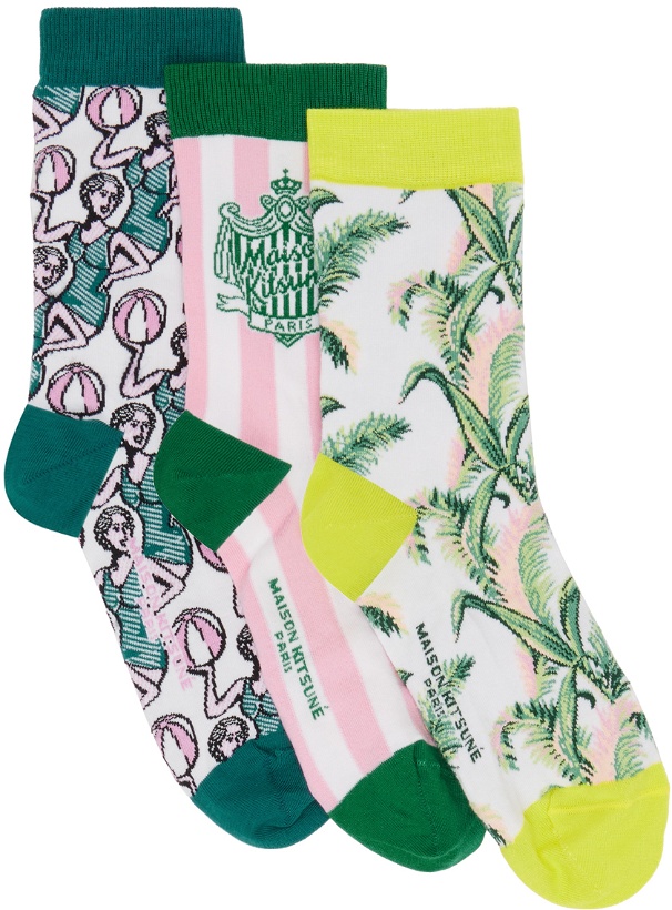 Photo: Maison Kitsuné Three-Pack Multicolor Summer Print Ankle Socks