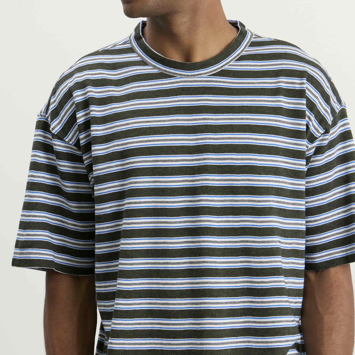 YMC Men's Rapport Stripe Triple T-Shirt in Dark Green Multi