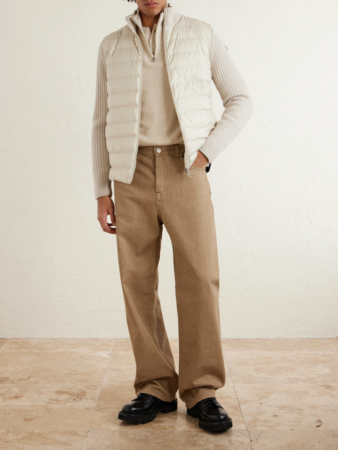 Moncler - Shell-Trimmed Ribbed Wool Down Zip-Up Cardigan - Neutrals