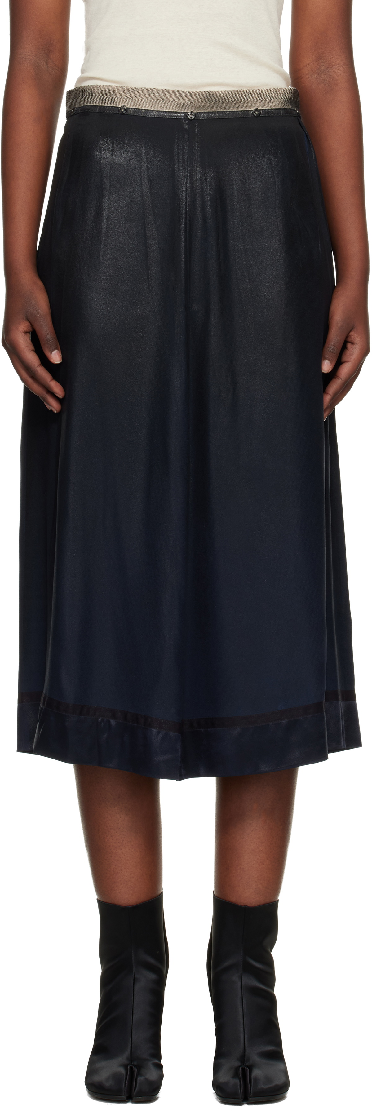 Maison Margiela Navy Foil-Treated Midi Skirt