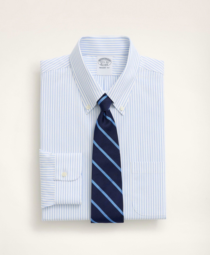 Photo: Brooks Brothers Men's Stretch Regent Regular-Fit Dress Shirt, Non-Iron Poplin Button-Down Collar Pencil Stripe | Light Blue