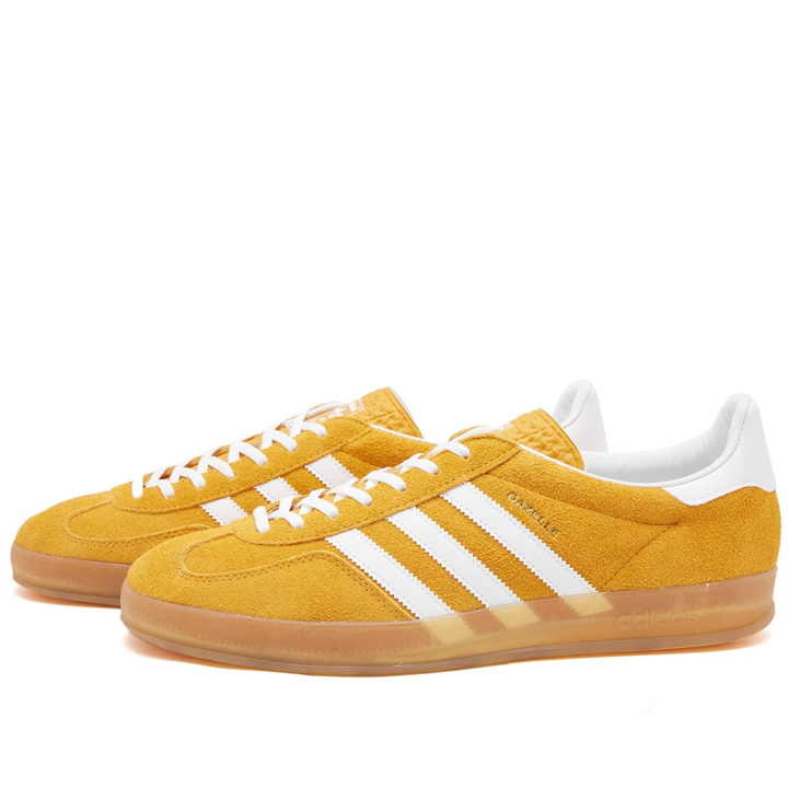 Photo: Adidas Gazelle Indoor Sneakers in Orange Peel/White/Gold