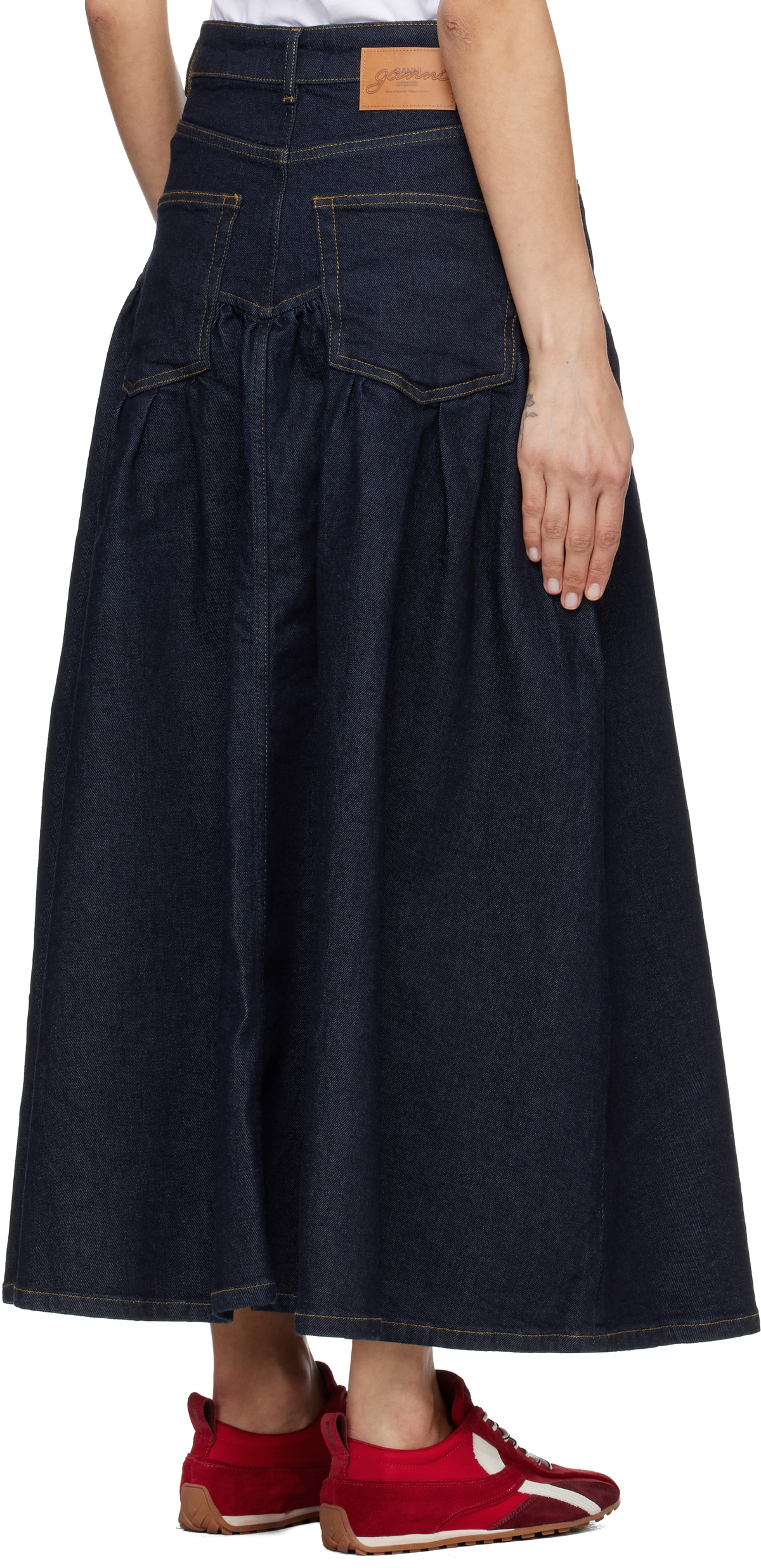 GANNI Navy Stretch Denim Midi Skirt