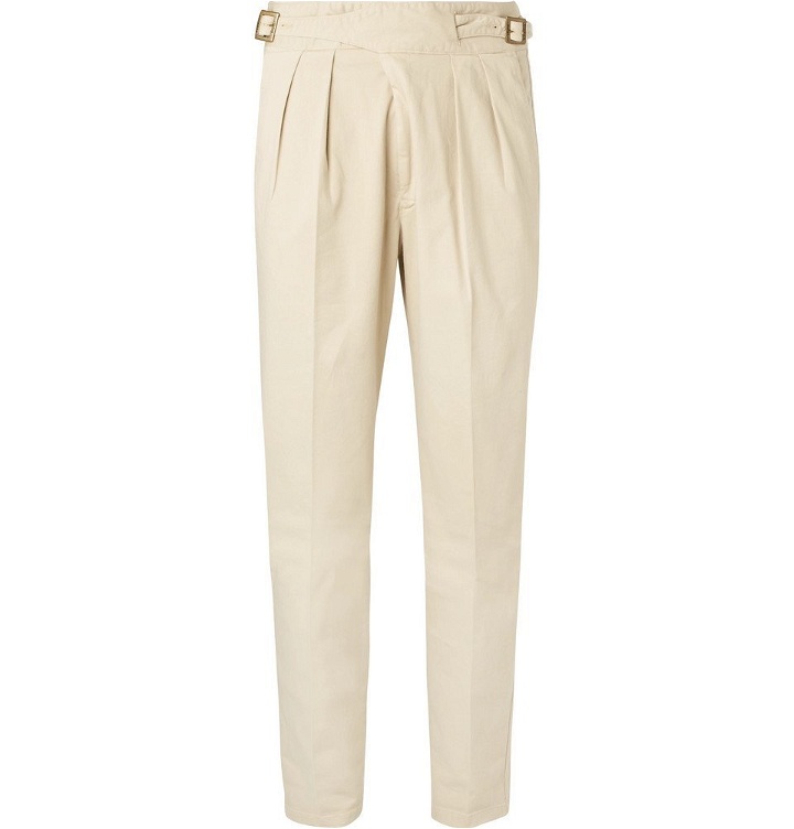 Photo: Rubinacci - Manny Tapered Pleated Brushed Stretch-Cotton Twill Trousers - Men - Beige