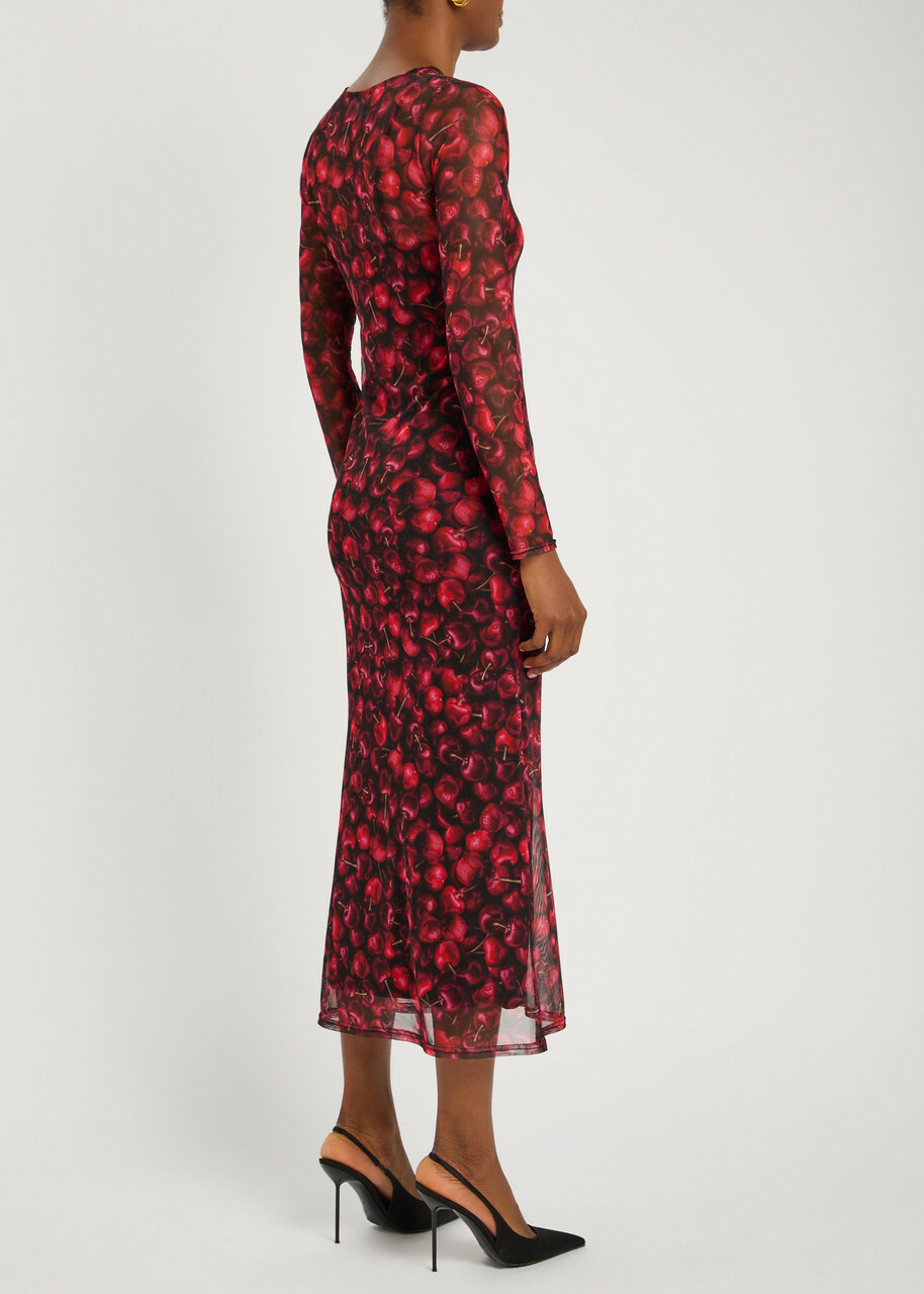 Never Fully Dressed Soho Cherry-print Mesh Midi Dress Black Red