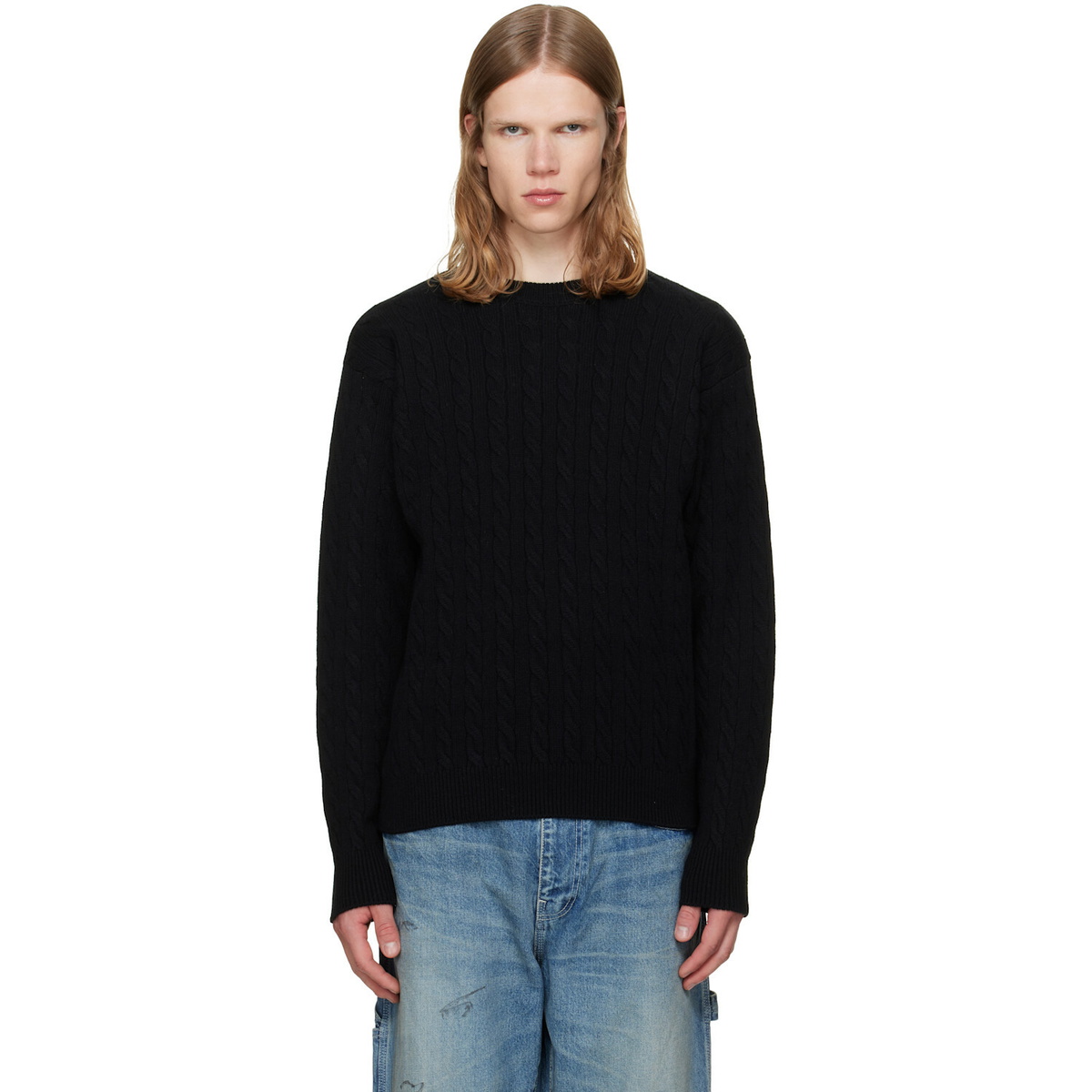 vowels Black Cable Knit Crewneck Sweater