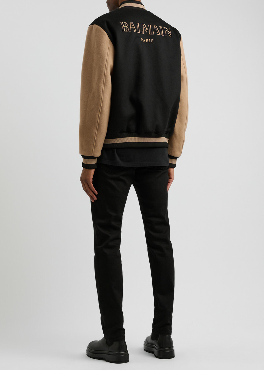 Balmain Panelled Logo Wool-blend Bomber Jacket Black