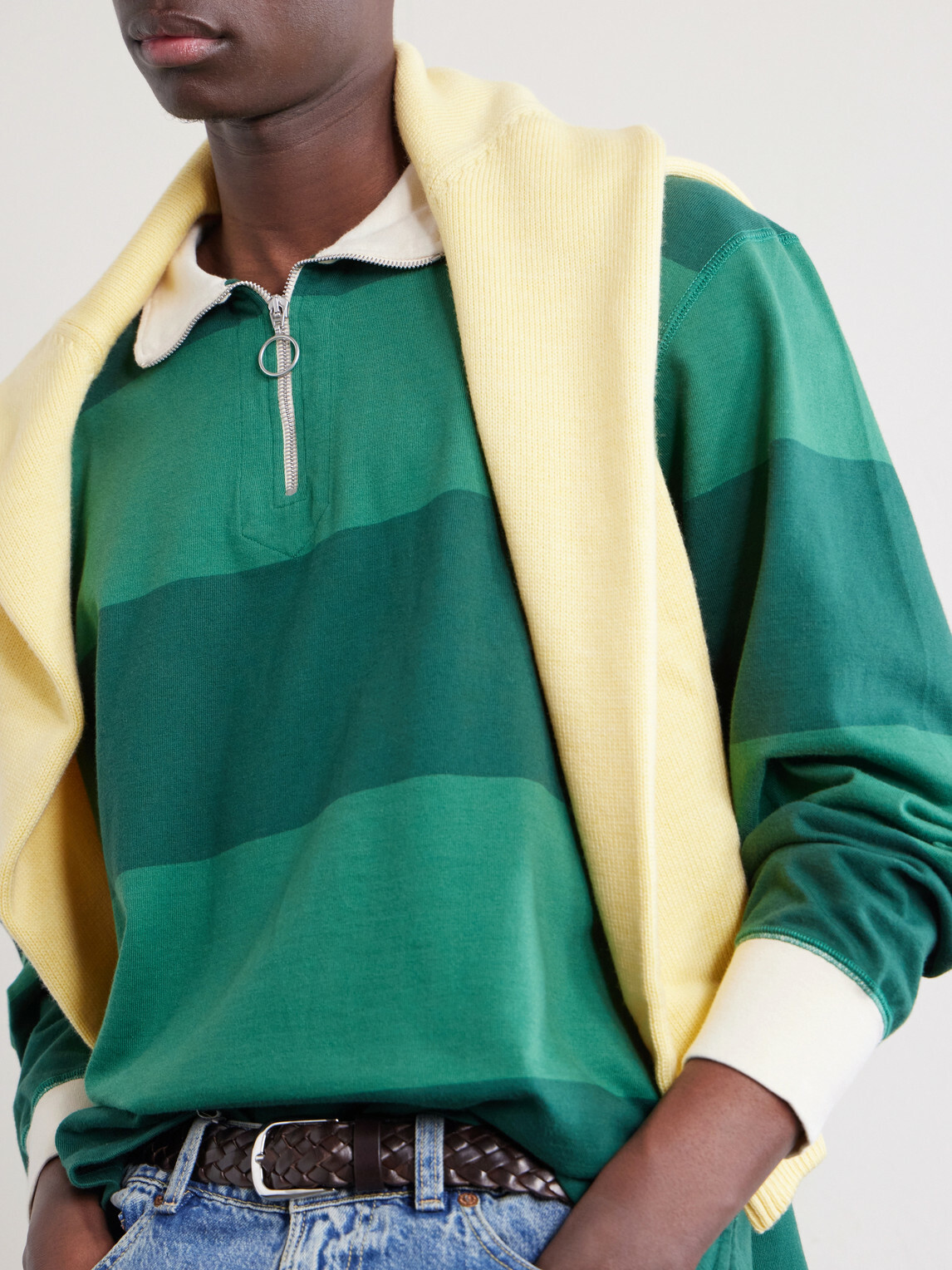 Drake's - Striped Cotton-Jersey Half-Zip Polo Shirt - Green Drake's