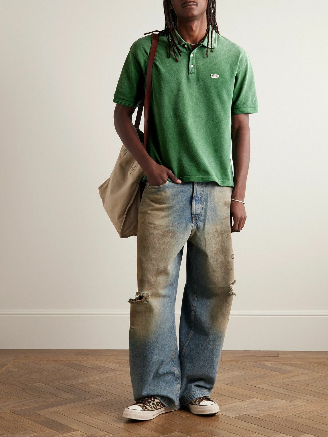 トップス visvim JUMBO WELLER DMGD LT.GREEN Visvim - Jumbo Weller Logo-Appliquéd Cotton-Piqué Polo Shirt