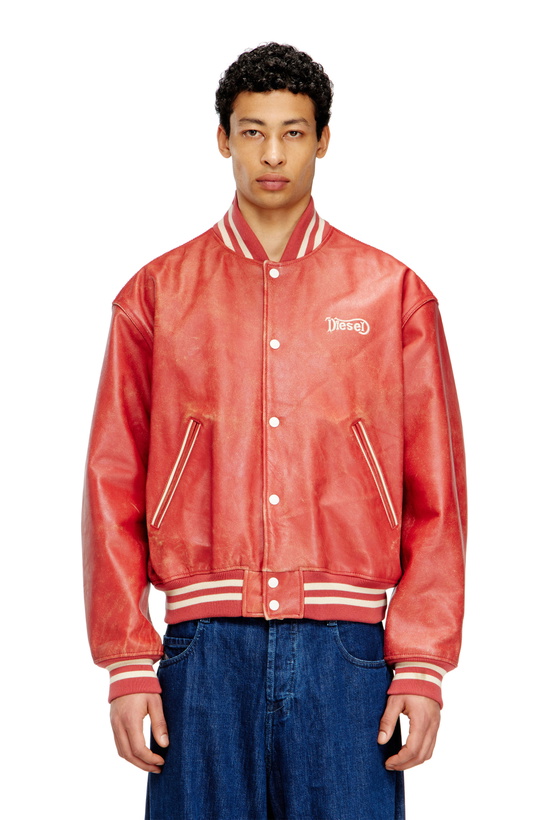 Photo: Diesel Leather bomber jacket with Diesel logo - Leather jackets - Unisex - Red