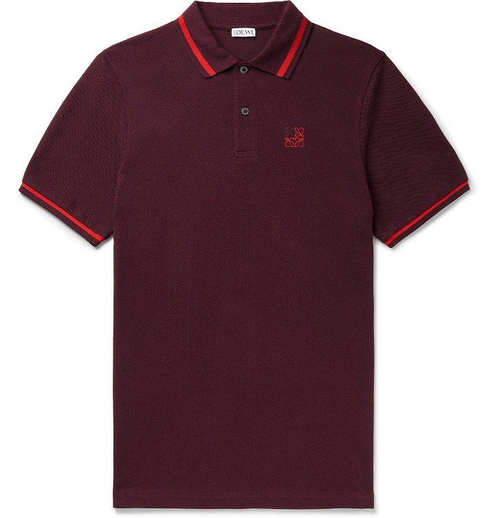 Photo: LOEWE - Slim-Fit Contrast-Tipped Logo-Embroidered Cotton-Piqué Polo Shirt - Burgundy