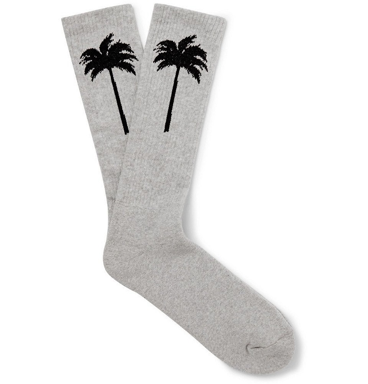 Photo: Palm Angels - Intarsia Mélange Stretch Cotton-Blend Socks - Gray