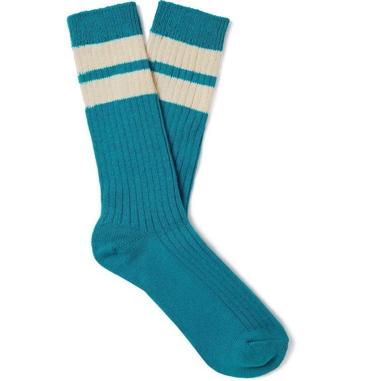 Photo: Entireworld - Varsity Striped Ribbed Recycled Cotton-Blend Socks - Blue
