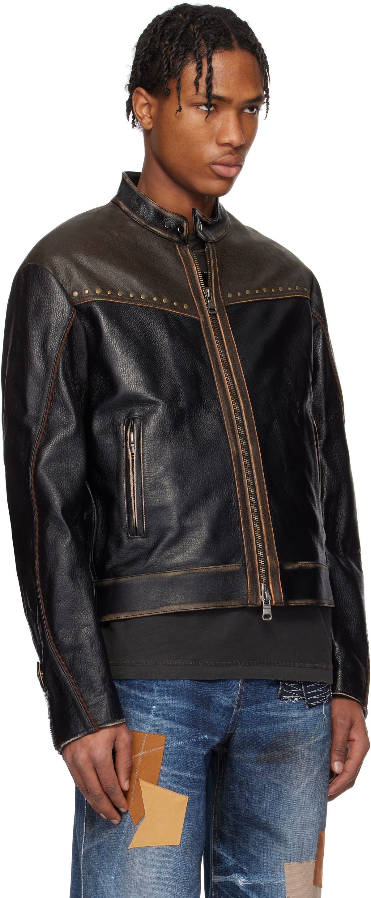 Andersson Bell SSENSE Exclusive Brown & Black Vintage Biker Leather Jacket