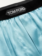 TOM FORD - Velvet-Trimmed Stretch-Silk Satin Boxer Briefs - Blue