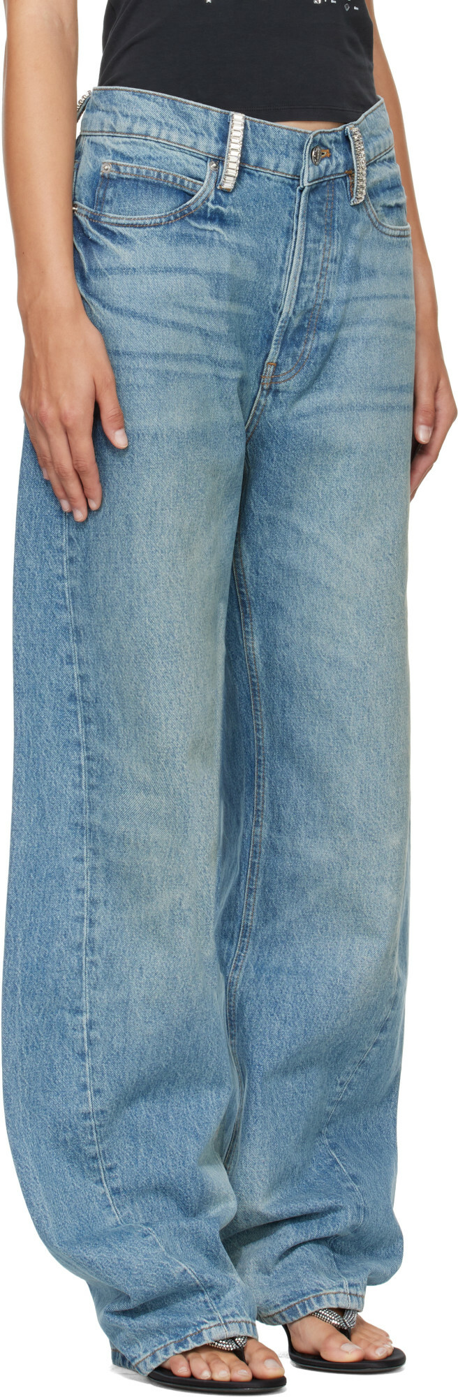 Alexander Wang Blue Crystal Hotfix Belt Loop Mid-Rise Relaxed Jeans