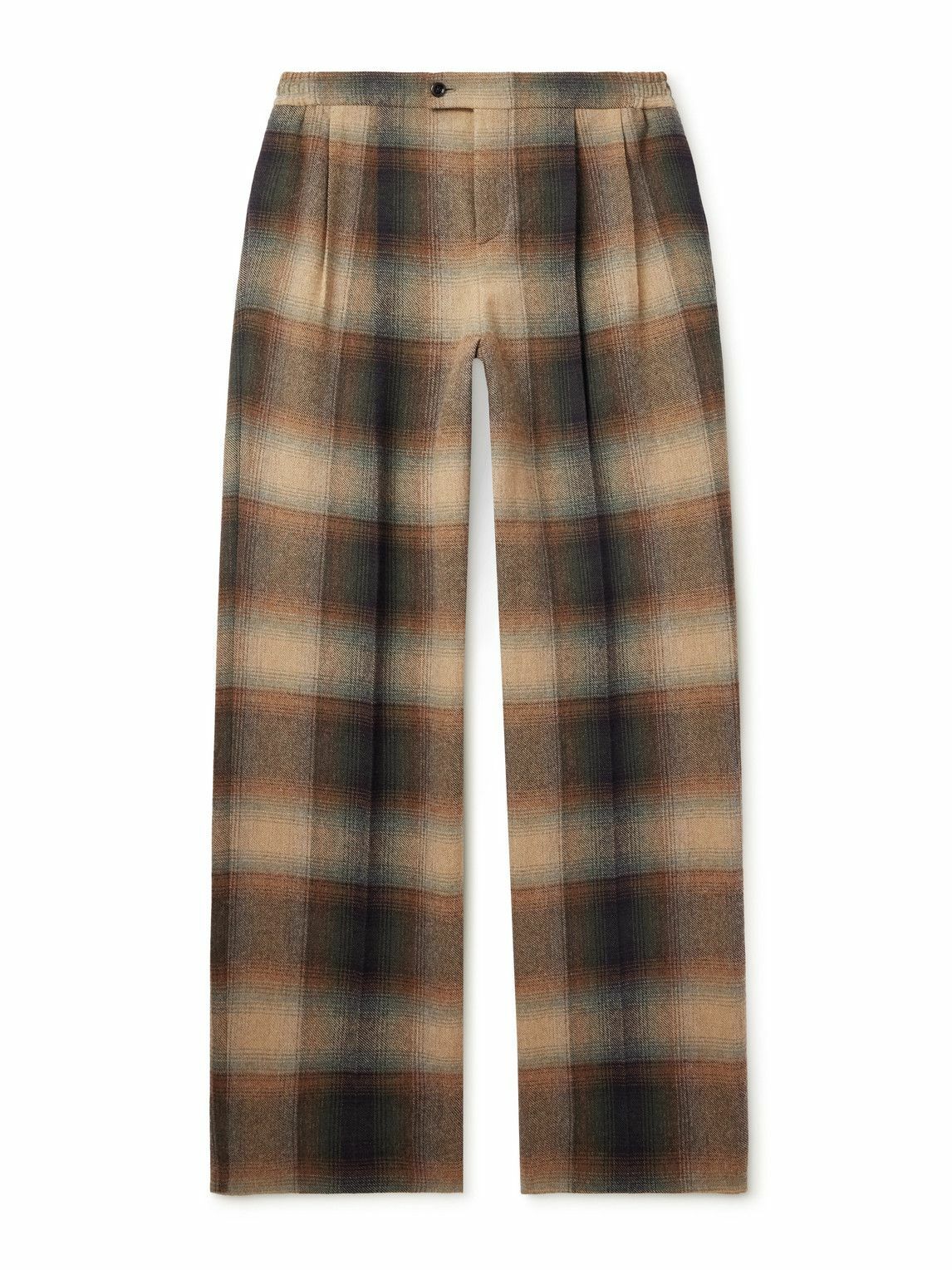 CELINE - Wide-Leg Pleated Checked Wool-Flannel Trousers - Brown