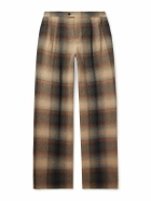 CELINE - Wide-Leg Pleated Checked Wool-Flannel Trousers - Brown