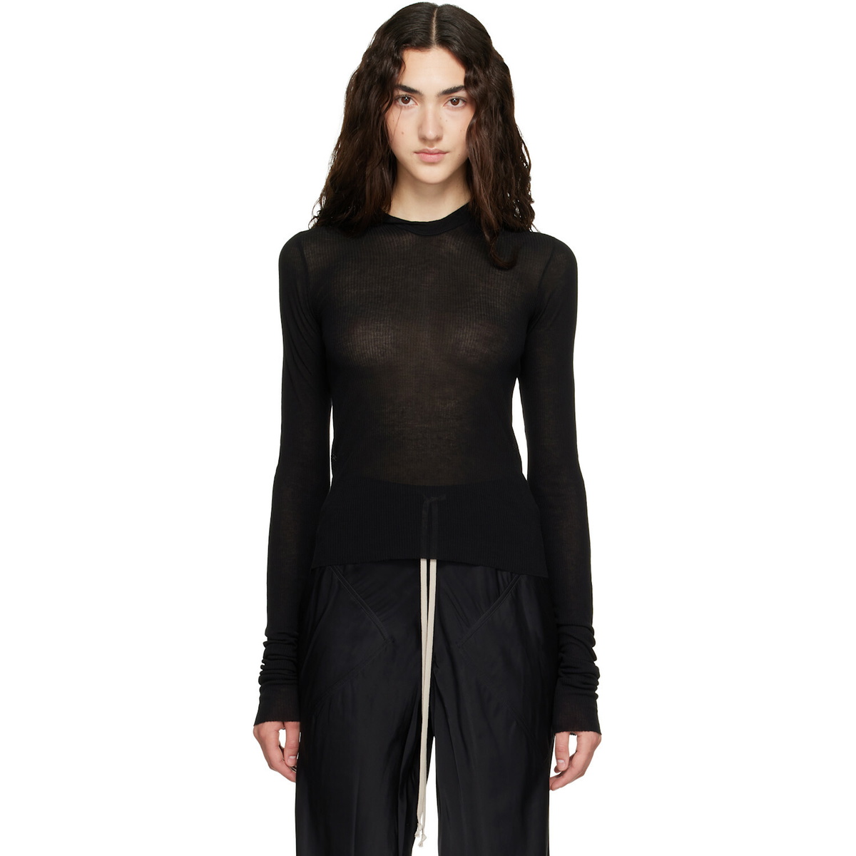Rick Owens Black Tower Cropped Rib LS Hoodie
