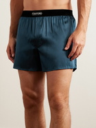 TOM FORD - Velvet-Trimmed Stretch-Silk Satin Boxer Shorts - Blue