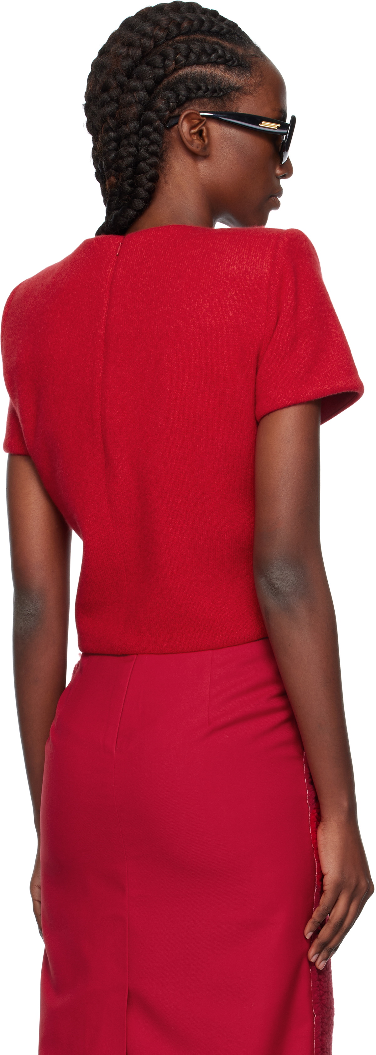 Pushbutton Red Curvy Shoulder Knitted T-shirt