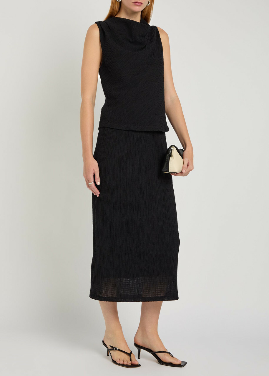 Vince Shadow Draped Textured Fine-knit Midi Skirt Black