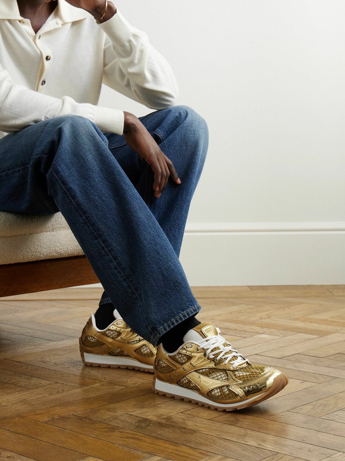 Bottega Veneta - Orbit Metallic Rubber and Mesh Sneakers - Gold