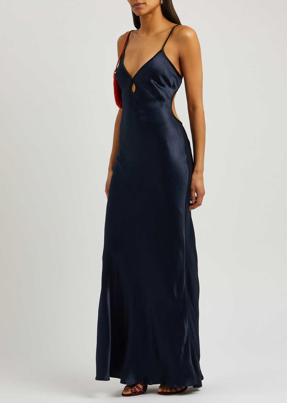 chinese dress ladies Women's Sloane Long Sleeve Satin Maxi Dress - Navy Blue in Size Large - Navy / Blue