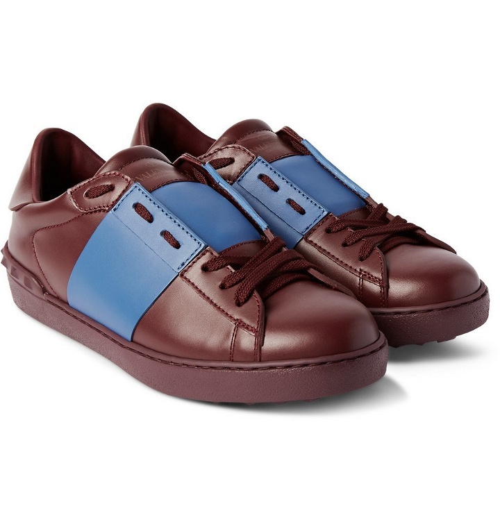 Photo: Valentino - Striped Leather Sneakers - Men - Burgundy
