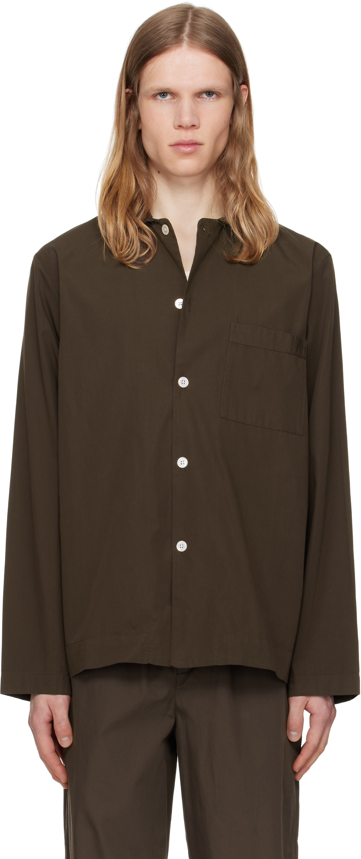 Tekla Brown Poplin Long-Sleeved Pyjama Shirt