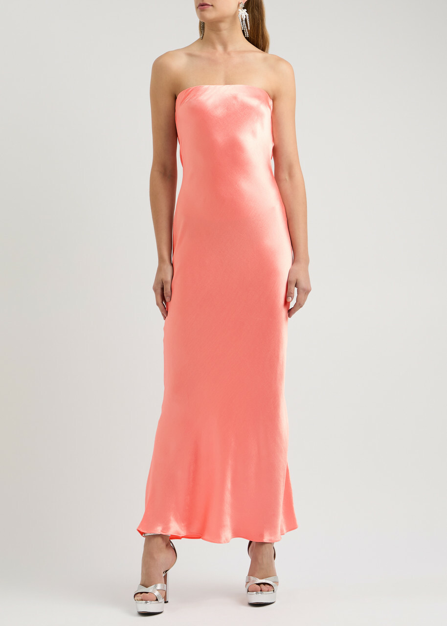 Bec & Bridge Moon Dance Strapless Satin Maxi Dress Coral