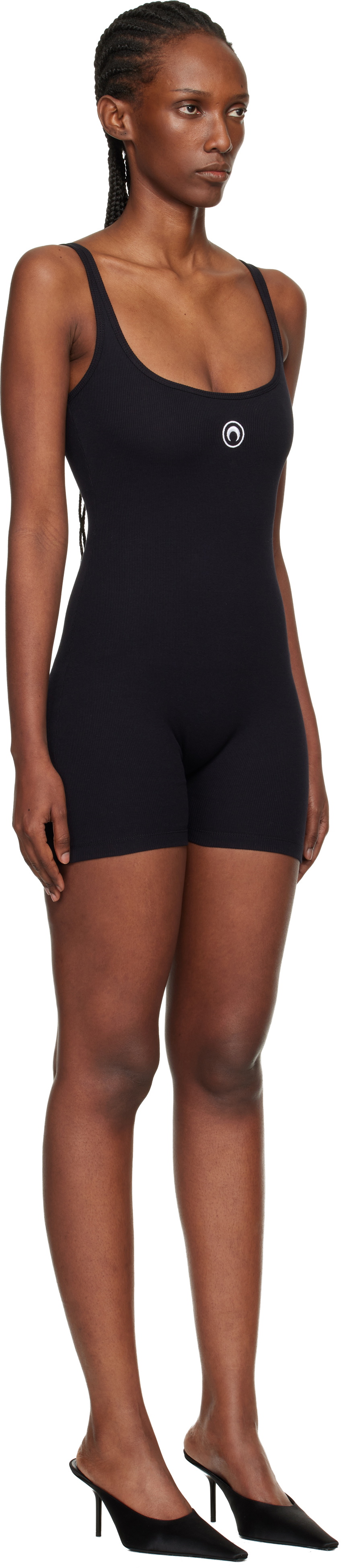 Marine Serre Black Moon Logo Ribbed Jersey Short Jumpsuit