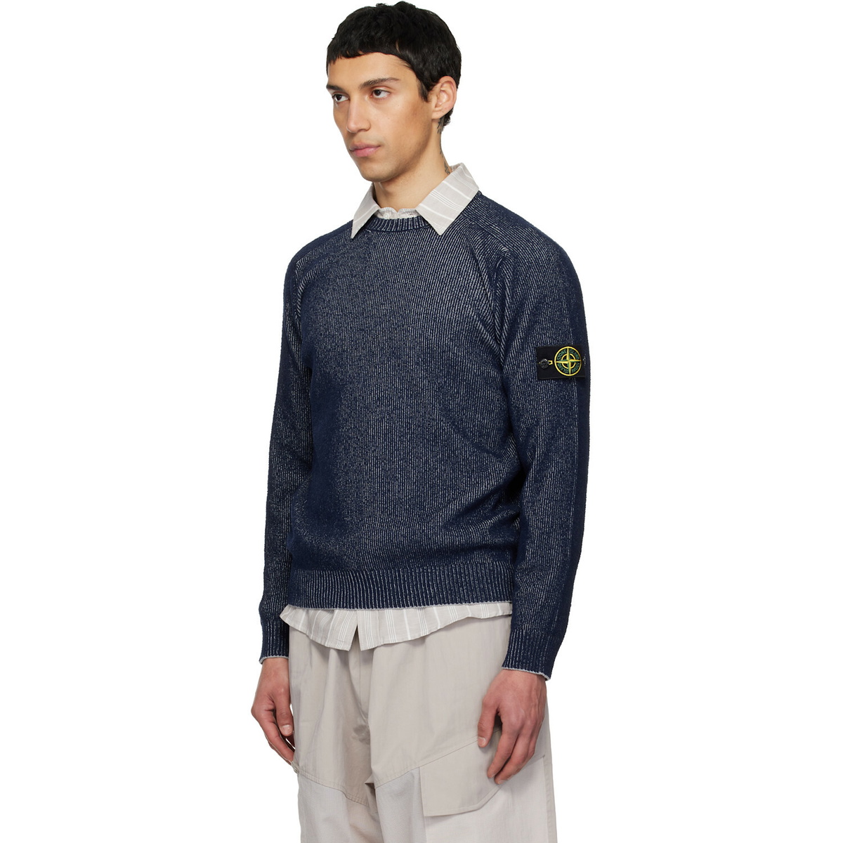 Stone Island Navy 5100033 Plated Rib Cotton Bouclé Sweater