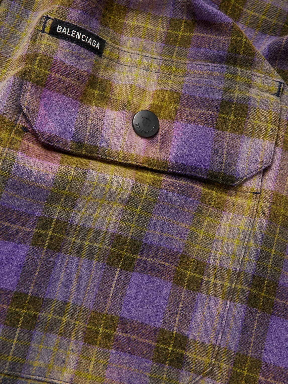 Balenciaga - Oversized Bleached Checked Cotton-Flannel Hooded Jacket -  Purple