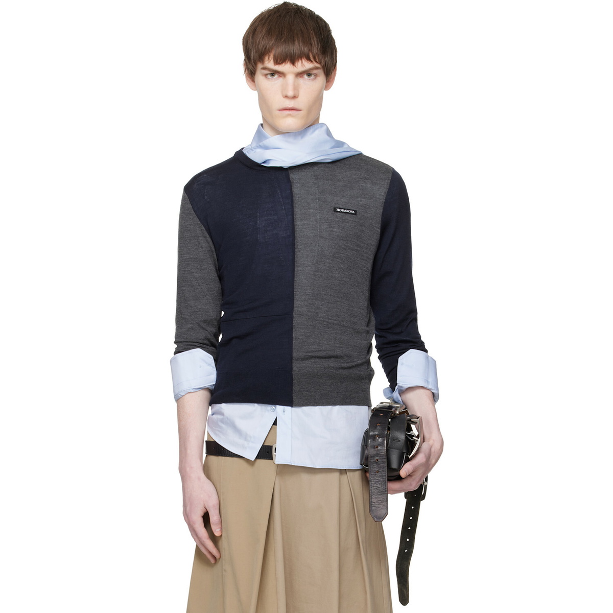 HODAKOVA Navy & Gray Knitted Patch Sweater
