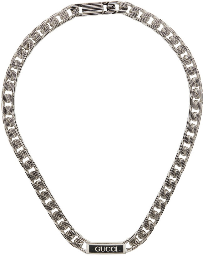 Photo: Gucci Silver & Black Logo Plaque Necklace