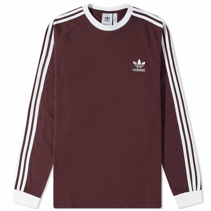 Photo: Adidas Men's Long Sleeve 3 Stripe T-Shirt in Shadow Maroon