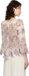 Anna Sui Purple & Off-White Medallion Floral Lace Tie Blouse